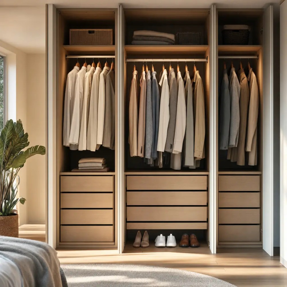 Altura ideal do cabideiro e das gavetas no guarda-roupa, guarda-roupa aberto com cabideiro e gavetas