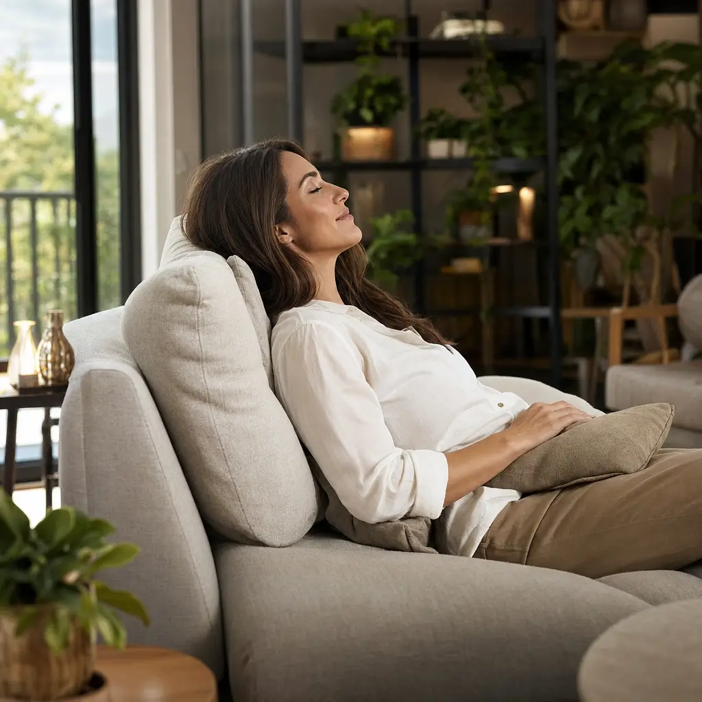 Altura ideal do encosto do sofá: confortável mulher relaxando em sofá bege