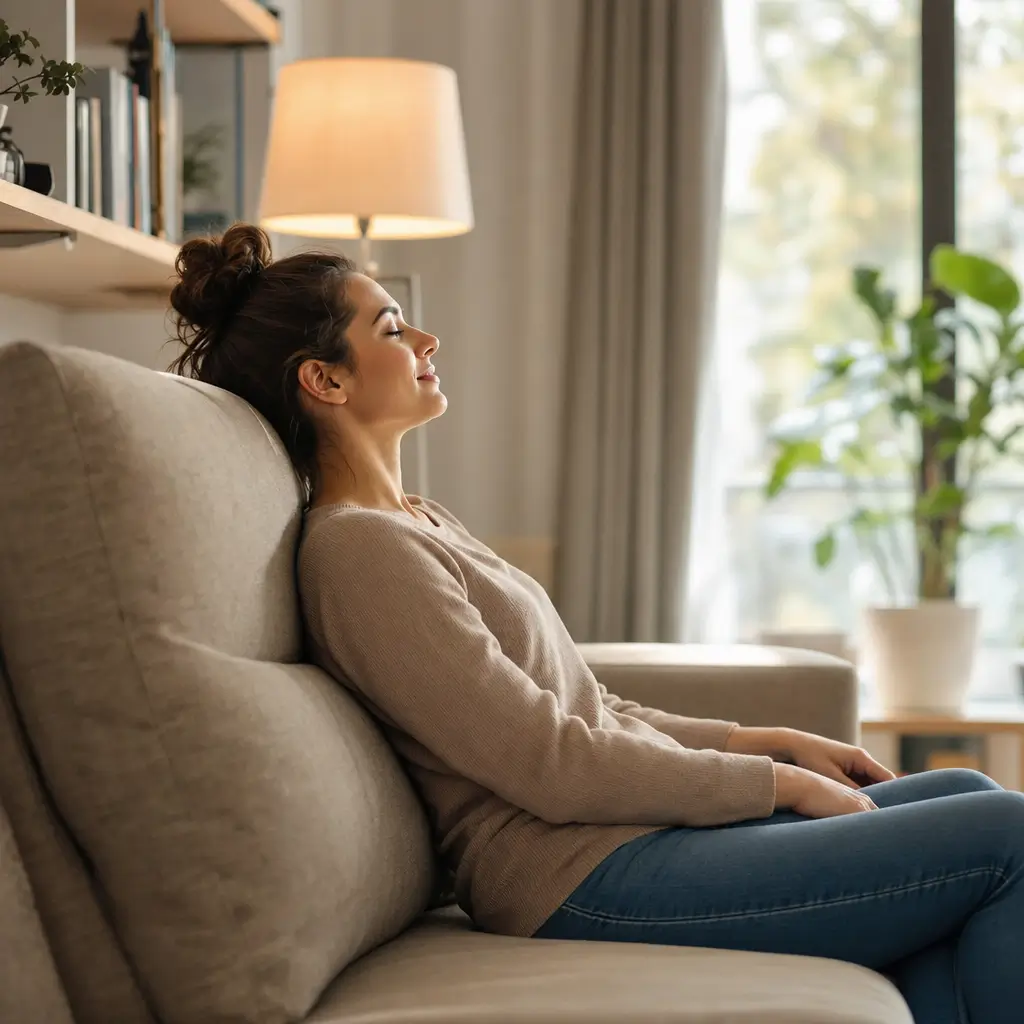 Altura ideal do encosto do sofá: confortável, mulher relaxando no sofá bege