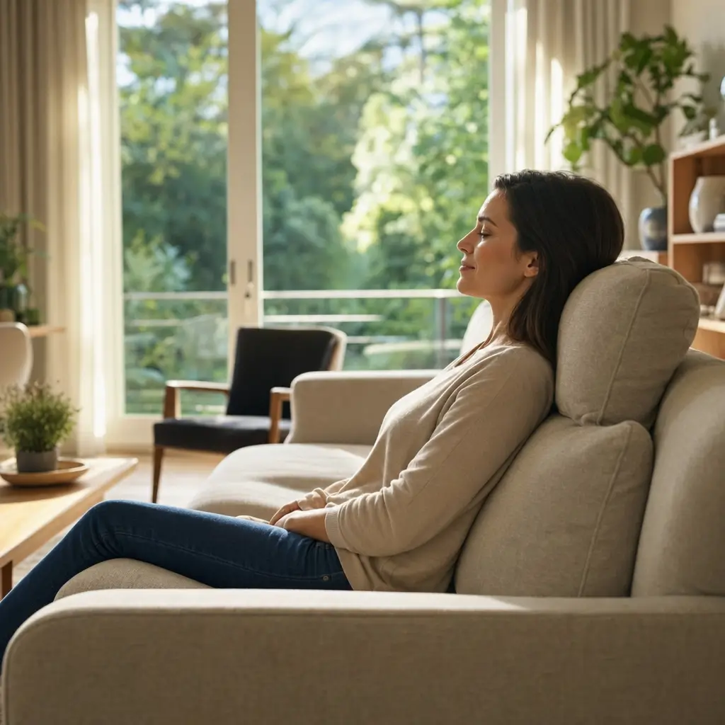 Altura ideal do encosto do sofá: confortável mulher relaxando no sofá bege