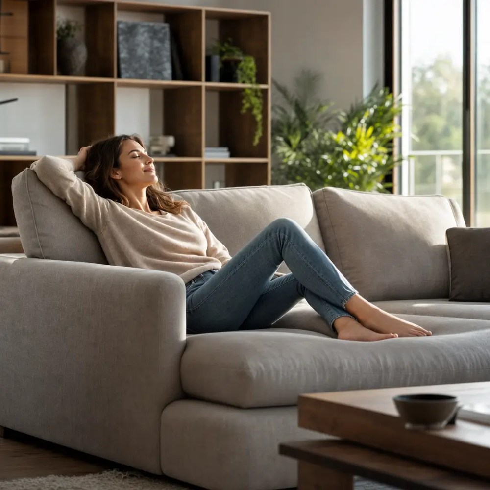 Altura ideal do encosto do sofá: confortável, pessoa relaxando no sofá claro