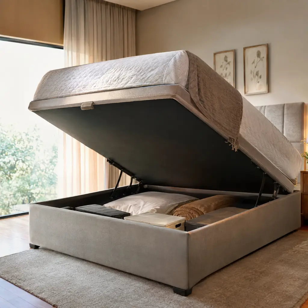 Cama box baú vale a pena? Espaço interno para guardar roupas e objetos.