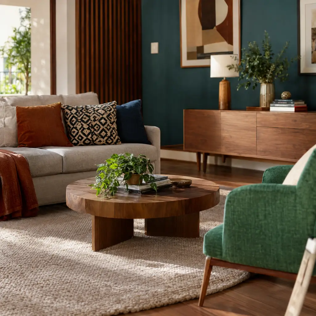 Como combinar móveis de cores diferentes sem errar em sala com sofá cinza e poltrona verde