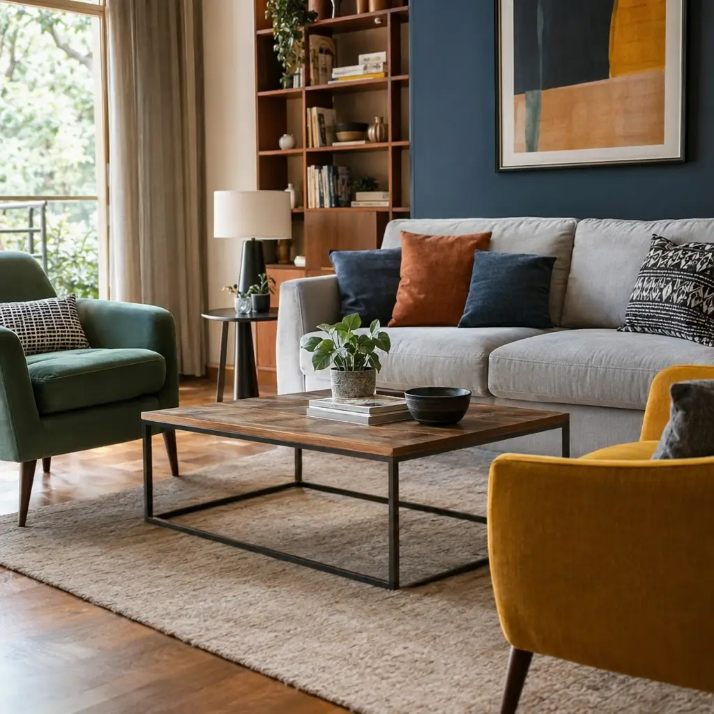 Como combinar móveis de cores diferentes sem errar em sala com sofá cinza e poltronas coloridas