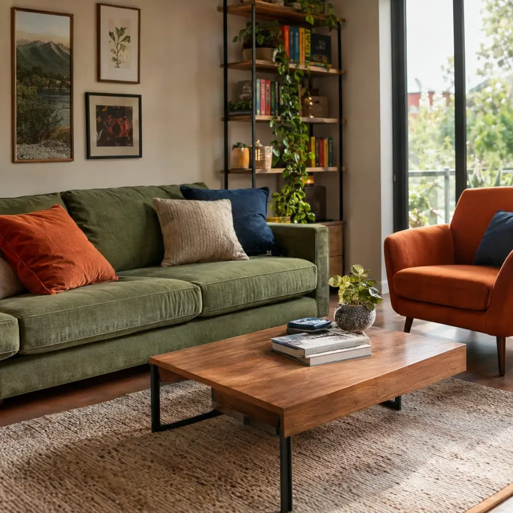 Como combinar móveis de cores diferentes sem errar em sala com sofá verde e poltrona laranja