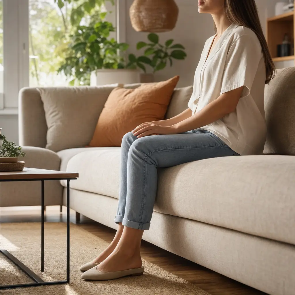 Como escolher a altura do assento do sofá em cm para ficar confortável pessoa sentada no sofá com pés apoiados
