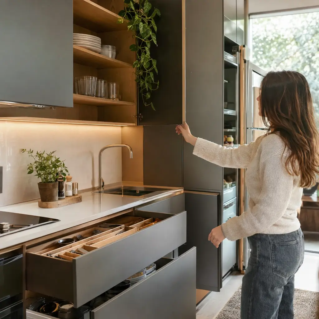 Como escolher armário de cozinha ideal com portas e gavetas organizadas