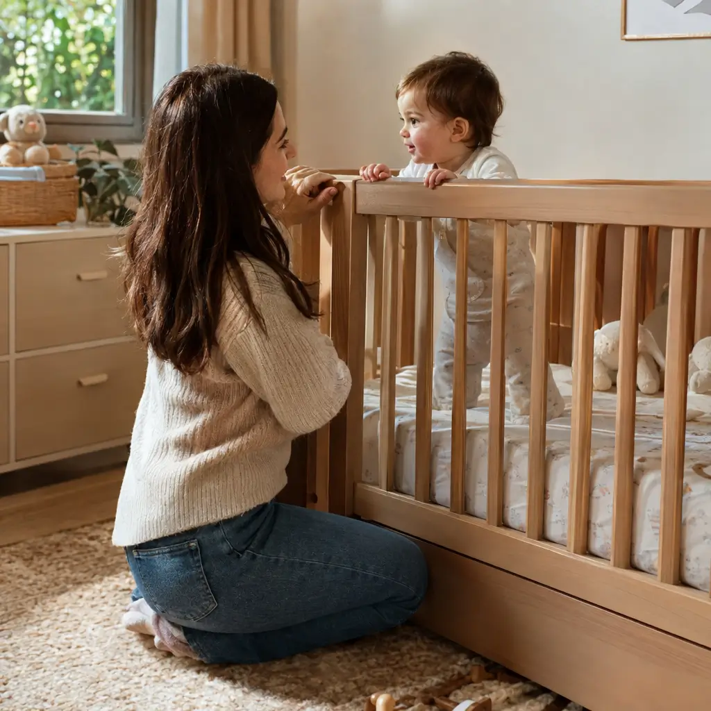 Como escolher berço: medidas e segurança com mãe e bebê em berço de madeira