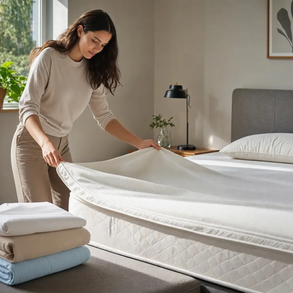 Como escolher colchão para alergia: materiais e capas mulher ajustando capa em colchão em quarto com luz natural