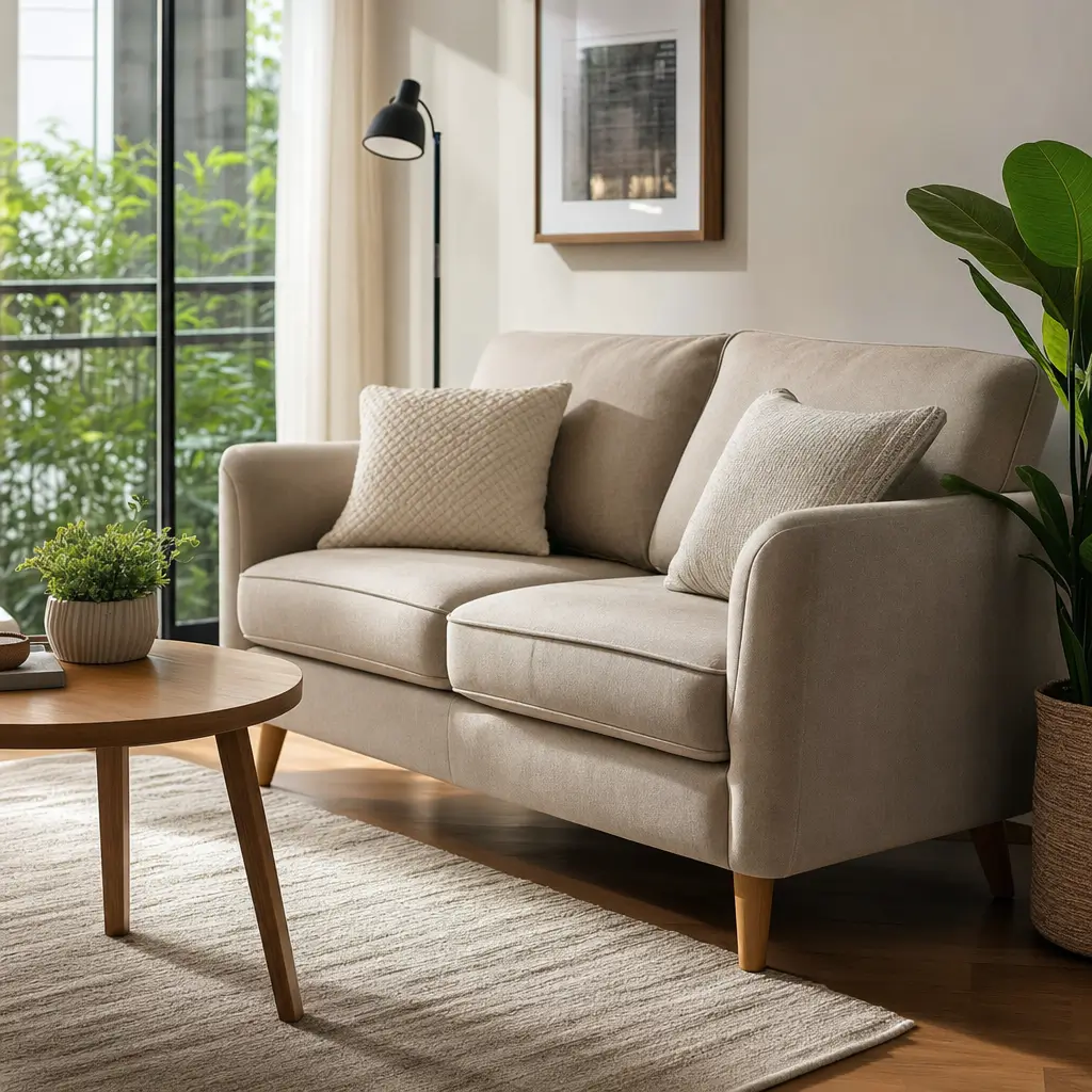 Como escolher sofá de 2 lugares: largura ideal sofá bege na sala com plantas