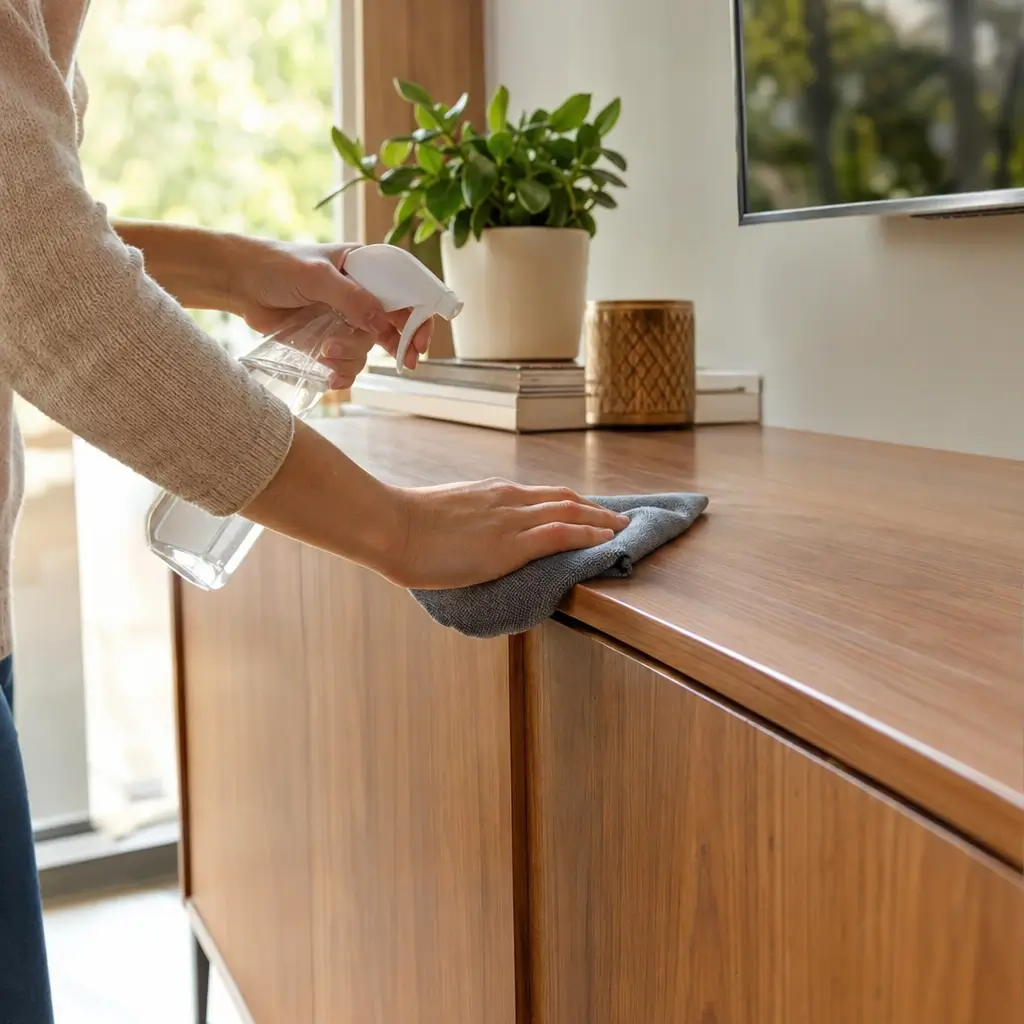 Como limpar móveis de MDF sem estragar: pano cinza e spray limpando rack de TV