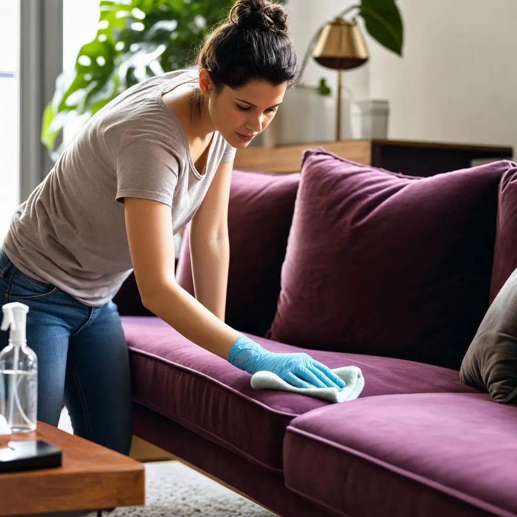 Como limpar sofá de veludo sem perder a cor, mulher limpando sofá roxo com pano