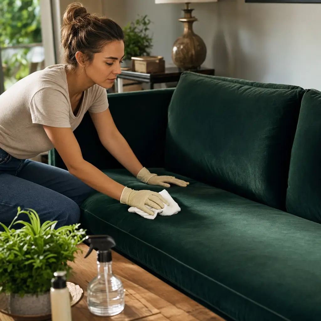 Como limpar sofá de veludo sem perder a cor, mulher limpando sofá verde com pano