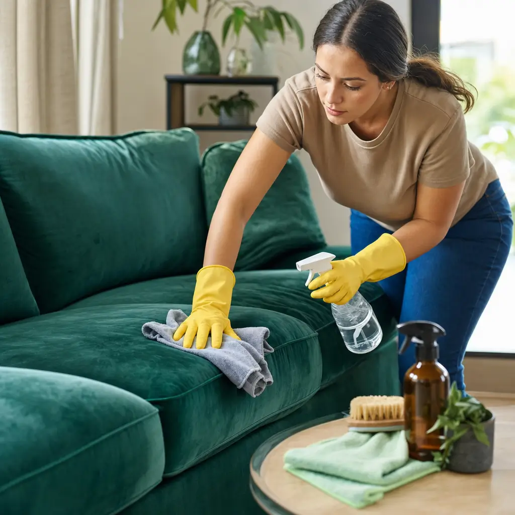 Como limpar sofá de veludo sem perder a cor, mulher limpando sofá verde com pano e spray
