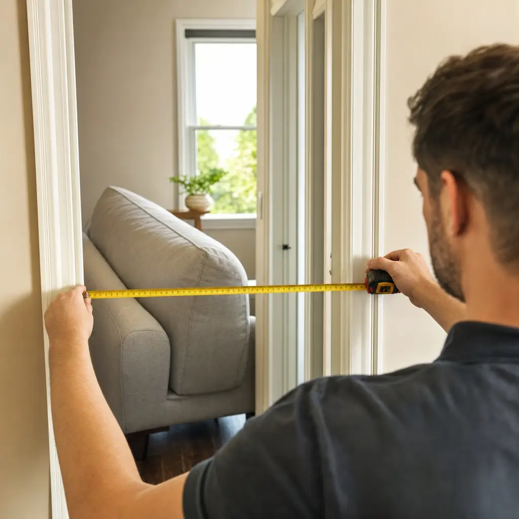 Como medir o sofá antes de comprar: largura da porta e do corredor medindo com trena na porta