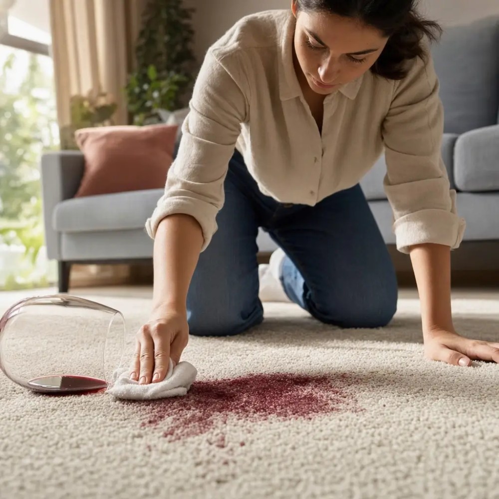 Como tirar manchas de vinho do tapete sem espalhar, mulher limpando mancha no tapete com pano