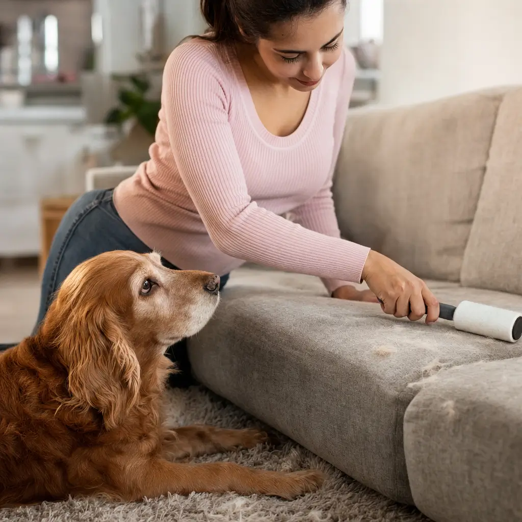 Como tirar pelo de pet do sofá e do tapete sem espalhar: mulher passando rolo no sofá com cachorro ao lado