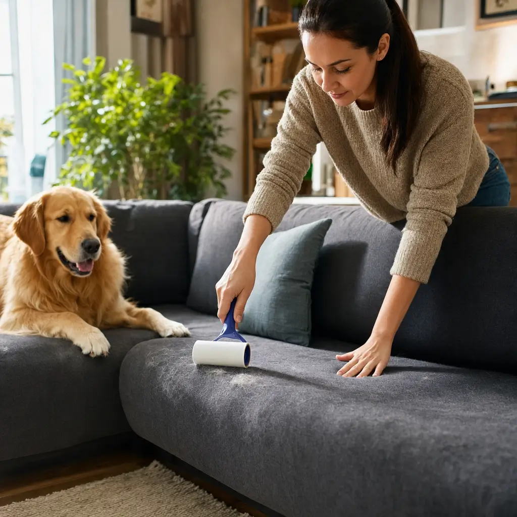 Como tirar pelo de pet do sofá e do tapete sem espalhar: mulher tirando pelo do sofá com rolo e cachorro ao lado
