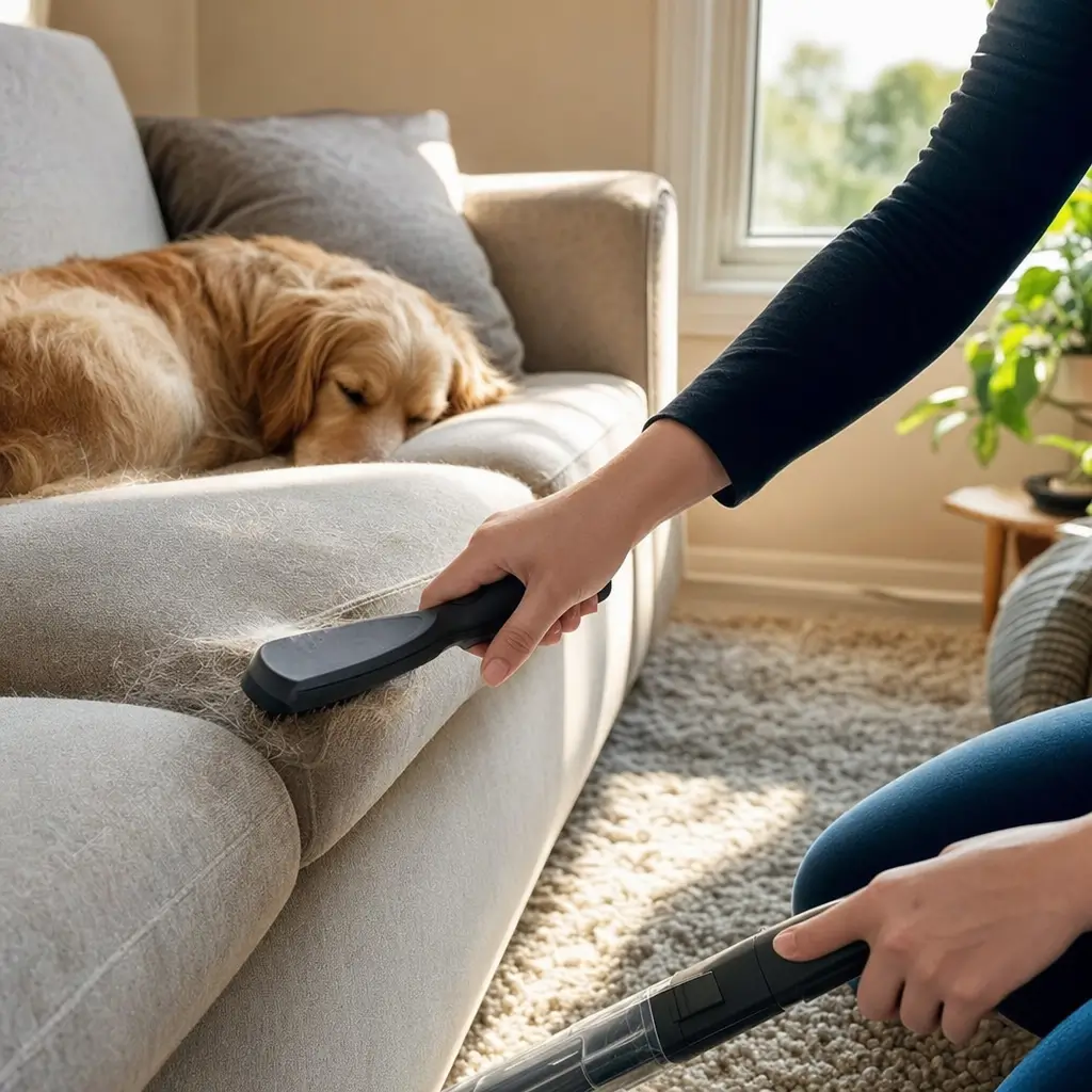 Como tirar pelo de pet do sofá e do tapete sem espalhar: pessoa escovando sofá com aspirador e cachorro deitado
