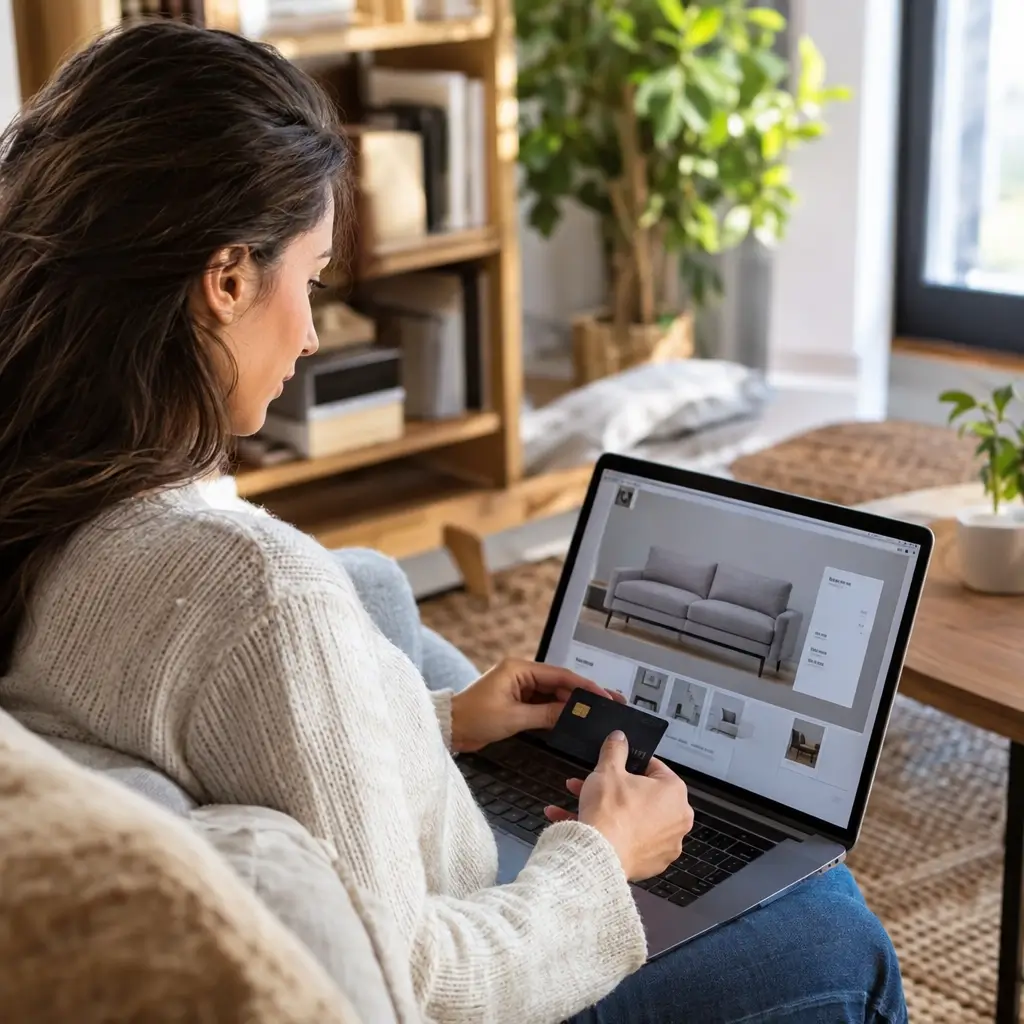 Comprar móveis pela internet com segurança: mulher conferindo sofá e pagamento no notebook