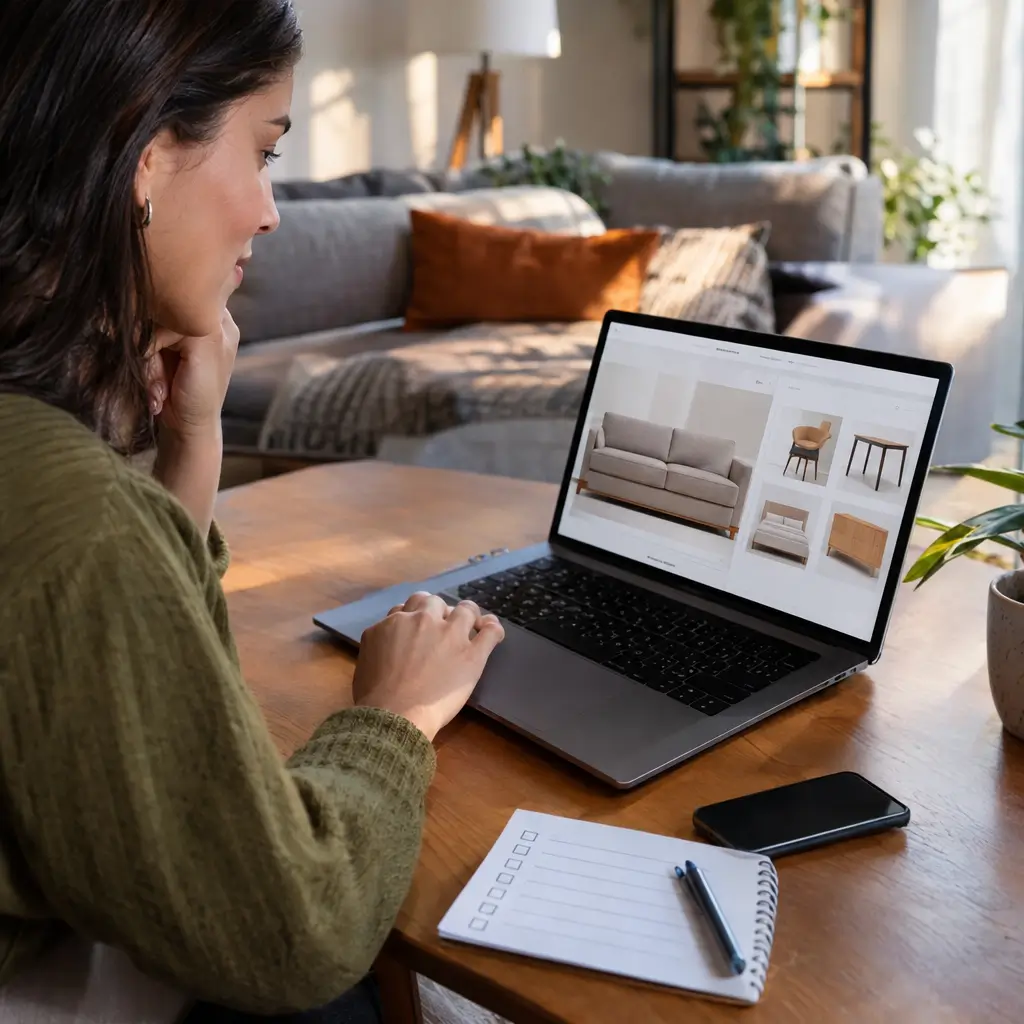 Comprar móveis pela internet com segurança: mulher pesquisando sofá no notebook