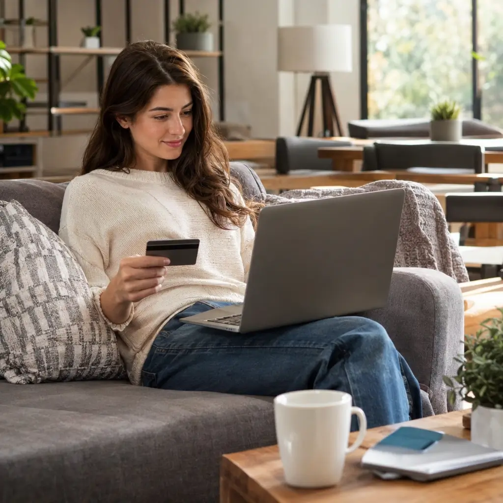 Comprar móveis pela internet com segurança: mulher usando notebook e cartão de crédito no sofá