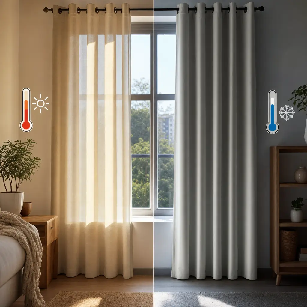 Cortina térmica funciona mesmo: vale a pena? cortinas bege e cinza com ícones de calor e frio na janela