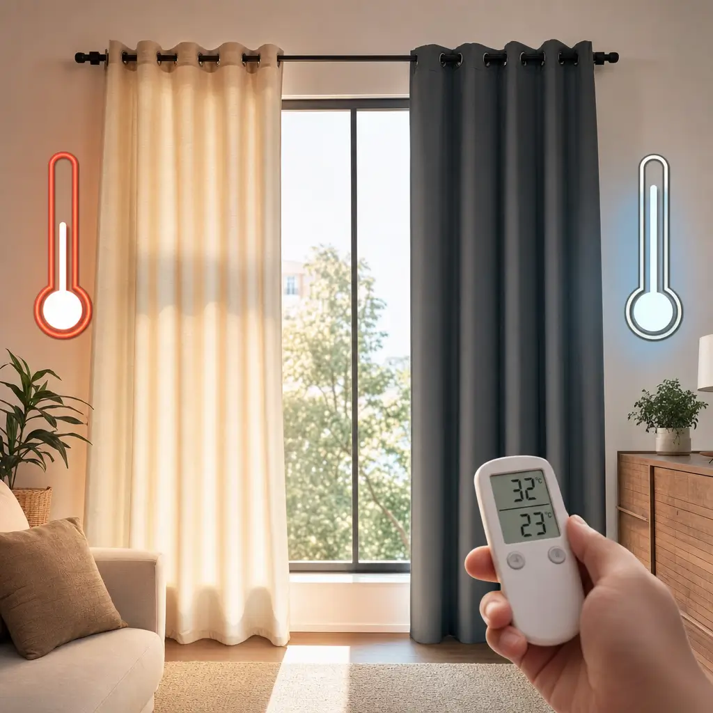 Cortina térmica funciona mesmo: vale a pena? cortinas bege e cinza com termômetro de temperatura