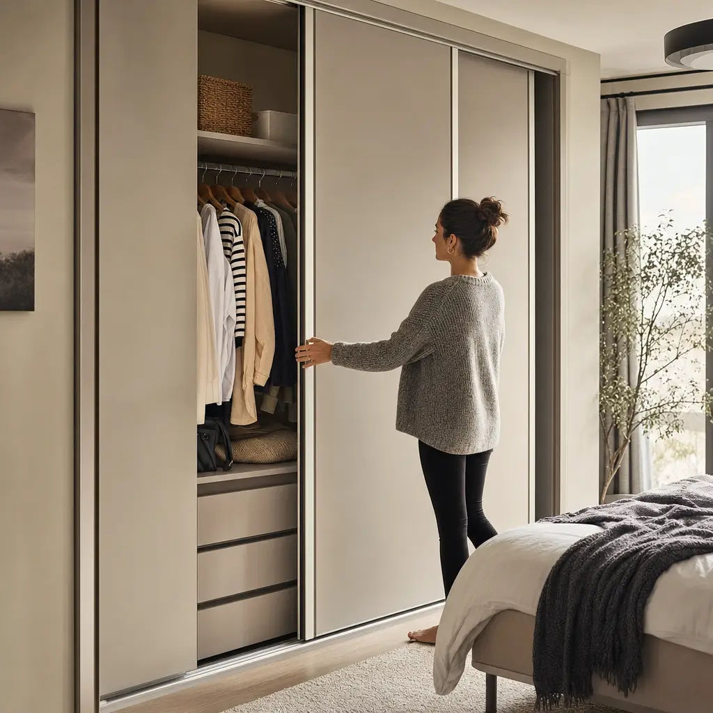 Guarda-roupa com portas de correr funciona mesmo: prós, mulher abrindo portas de correr