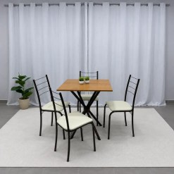 Mesa Rio Quadrada Tampo Madeira 68x68cm Com 4 Cadeiras Tubular Teixeira 77925