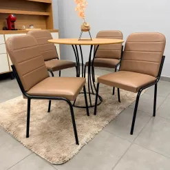 Mesa De Jantar Onix Redonda 90cm Com 4 Cadeiras Chicago Em Courino Aco Tubo Minas 74491