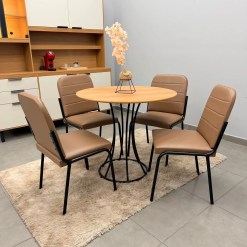 Mesa De Jantar Onix Redonda 90cm Com 4 Cadeiras Chicago Em Courino Aco Tubo Minas 97388