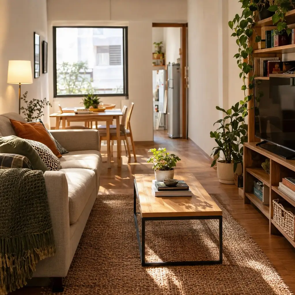 Mobiliar uma casa do zero gastando pouco com sala, sofá e estante