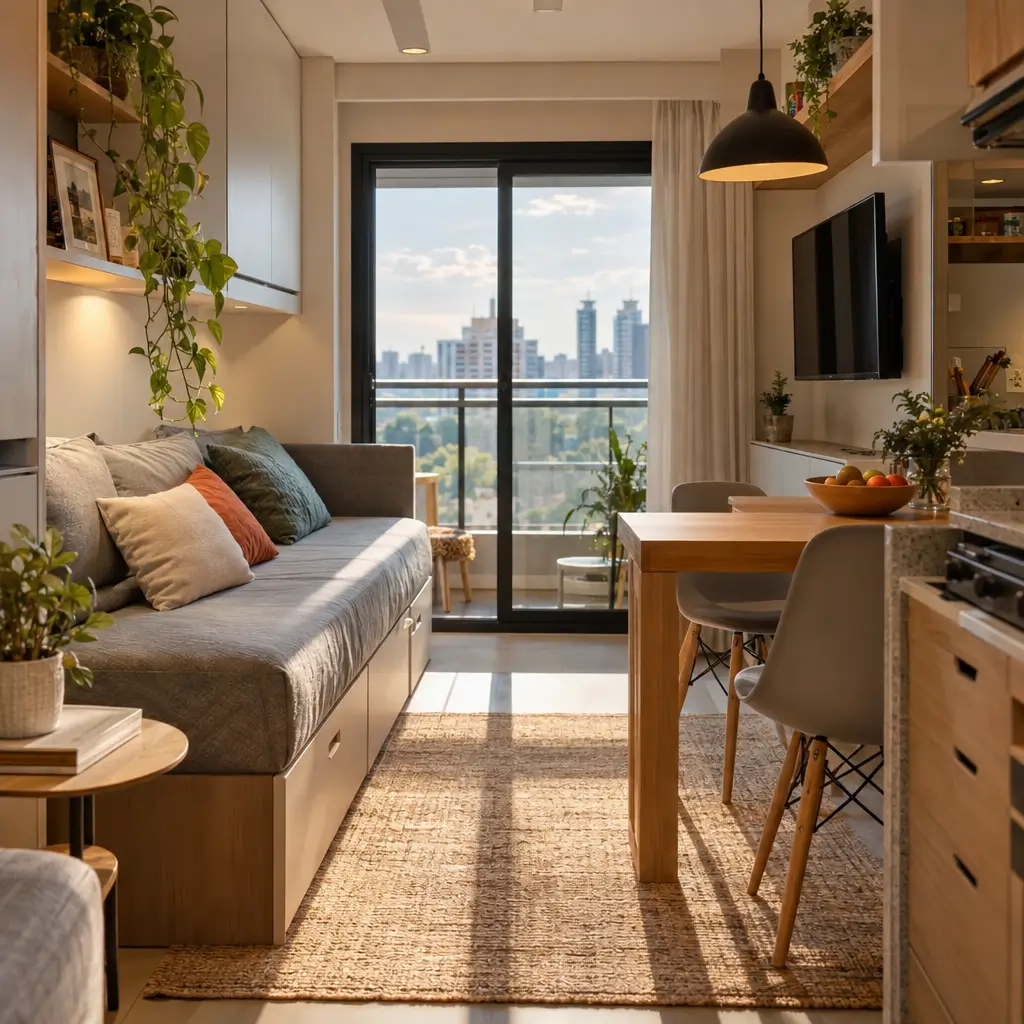 Móveis para uma casa pequena: como escolher em sala compacta com sofá, mesa e TV