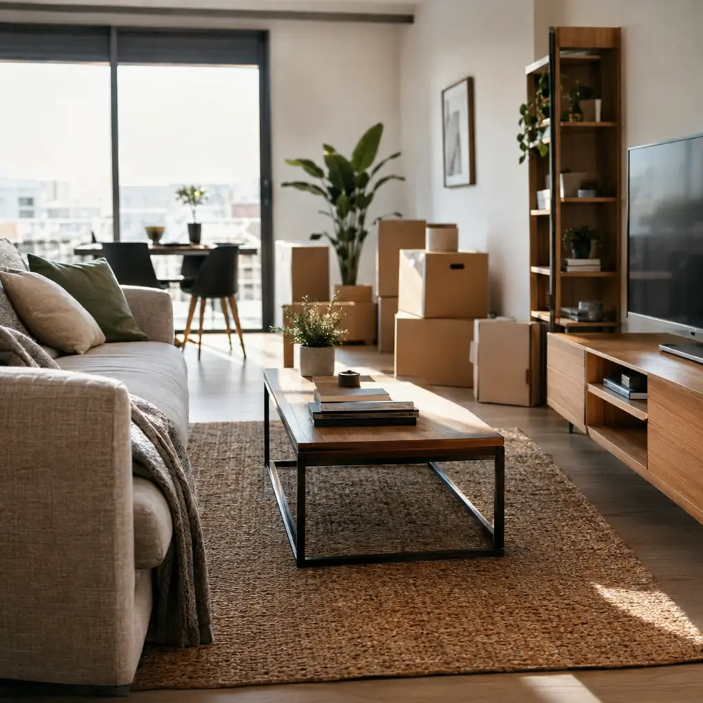 O que comprar para uma casa nova: lista essencial em sala com sofá, rack e TV