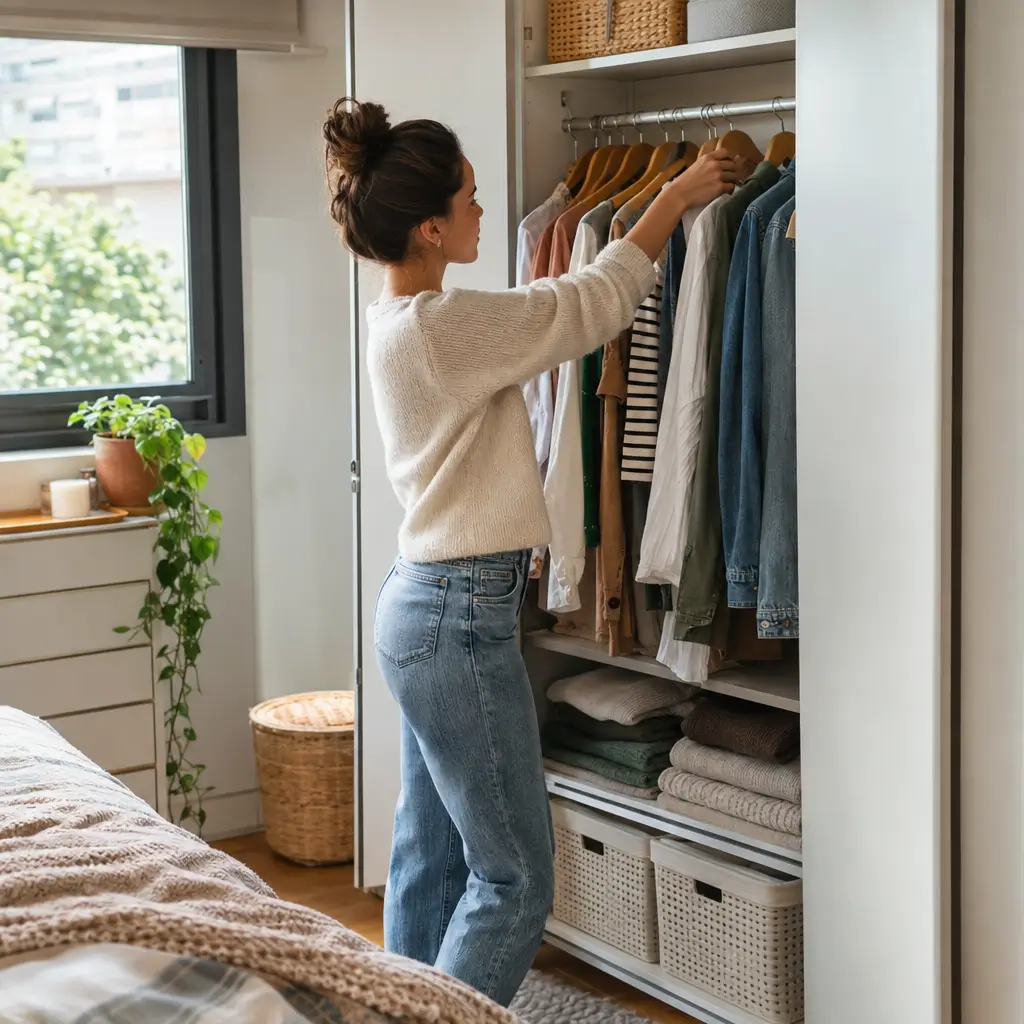 Organizar guarda-roupa pequeno sem bagunça com roupas separadas por tipo