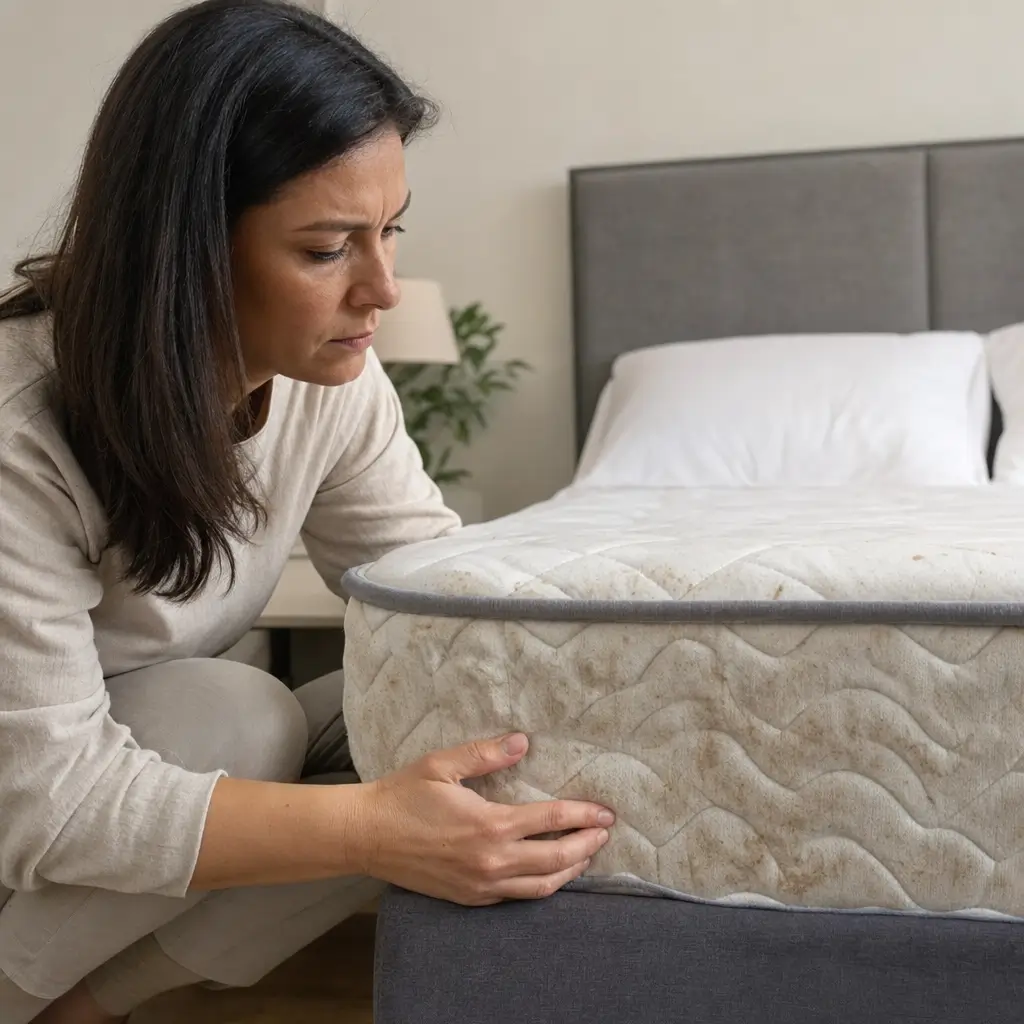 Quanto tempo dura o colchão? Sinais e quando trocar mulher sentindo colchão com manchas e afundamento