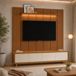 Rack Liv Com Painel Lumi 220cm Com Led Para Tv Ate 75 Polegadas Ripado 4 Portas Edn 16228