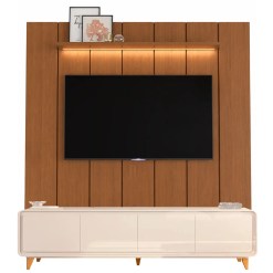 Rack Liv Com Painel Lumi 220cm Com Led Para Tv Ate 75 Polegadas Ripado 4 Portas Edn Cedro Off White 72682
