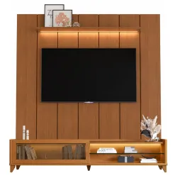 Rack Vellaro Com Painel Lumi 220cm Com Led Para Tv Ate 75 Polegadas Ripado 1 Porta De Vidro Edn Cedro 28675