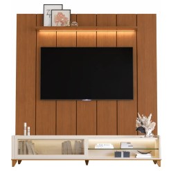 Rack Vellaro Com Painel Lumi 220cm Com Led Para Tv Ate 75 Polegadas Ripado 1 Porta De Vidro Edn Cedro Off White 40922