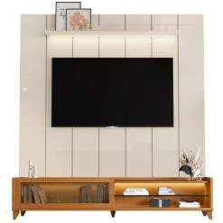 Rack Vellaro Com Painel Lumi 220cm Com Led Para Tv Ate 75 Polegadas Ripado 1 Porta De Vidro Edn Off White Cedro 75315