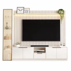 Rack Com Painel Tucuma Ripado 2 3 Com Prateleira 1 Torre E Led 5 Portas 1 Gaveta Jb Bechara Off White 11563