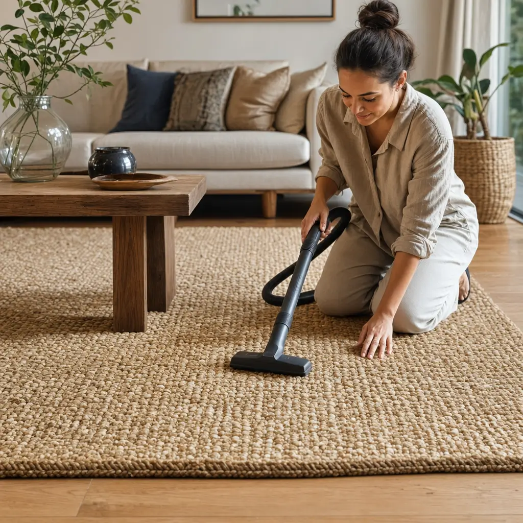 Tapete de sisal na sala: é bom e como cuidar, pessoa aspirando o tapete