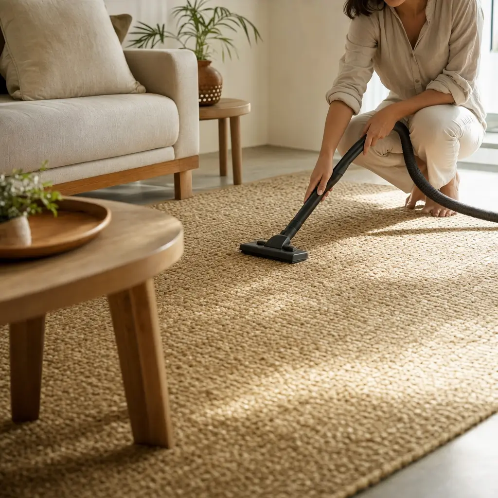 Tapete de sisal na sala: é bom e como cuidar, tapete sendo aspirado