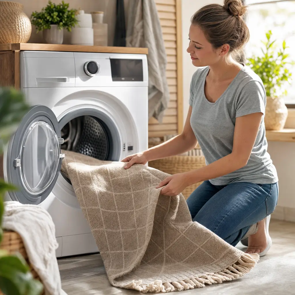 Tapete lavável na máquina: como lavar sem encolher, mulher colocando tapete na máquina de lavar