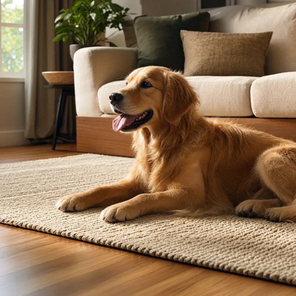 Tapete para sala com pet: melhor material para não manchar, cachorro deitado no tapete na sala
