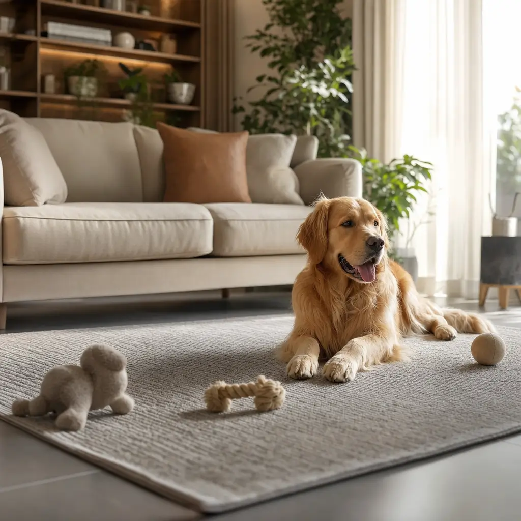 Tapete para sala com pet: melhor material para não manchar, cachorro deitado no tapete na sala