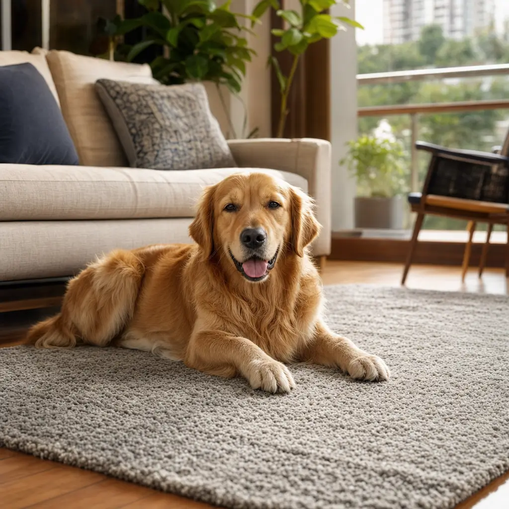 Tapete para sala com pet: melhor material para não manchar cachorro no tapete da sala