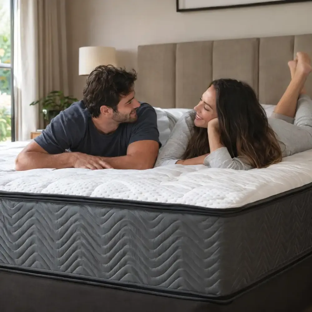 Colchão para casal com pesos diferentes: como escolher? Casal sorrindo na cama